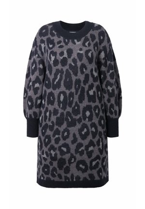 Gebreide sweaterjurk in grijstinten met een zwart luipaardpatroon. Beschikt over een ronde halslijn en ribgebreide cuffs voor textuur en pasvorm.