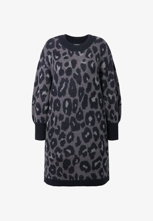 Gebreide sweaterjurk in grijstinten met een zwart luipaardpatroon. Beschikt over een ronde halslijn en ribgebreide cuffs voor textuur en pasvorm.