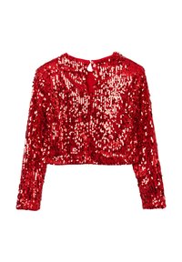 Giacca rossa corta coperta di paillettes, con maniche lunghe e chiusura a chiave sulla schiena. La texture è lucida e vivace.
