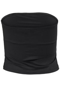 Melnas elastīgas auduma caurule top, gluda tekstūra, bezšuvju dizains, savilkuma detaļas un elastīgi maliņas, lai nodrošinātu labu piegulšanu un komfortu.