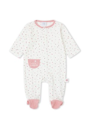 Pelele blanco para bebé con estampado floral rosa, ribete rosa, cubre pies y un bolsillo rosa con la etiqueta "Mariquita Pequeña."