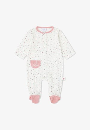 Pelele blanco para bebé con estampado floral rosa, ribete rosa, cubre pies y un bolsillo rosa con la etiqueta "Mariquita Pequeña."