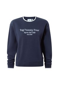 Navy sweatshirt with white text, "Tog Twenty Four Après Ski Club since 1958." Features a crewneck, ribbed cuffs, and hem. Smooth fabric.