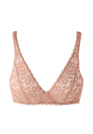 Bralette en dentelle rose clair avec motifs floraux, fines bretelles et bords festonnés, présenté sur fond blanc.