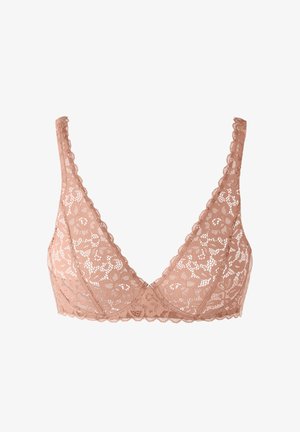 Bralette in pizzo rosa chiaro con motivi floreali, spalline sottili e bordi smerlati, mostrato su sfondo bianco.