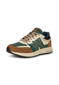 Sporty sneaker featuring green and brown suede and mesh materials, beige accents, textured sides, and a black rubber sole.