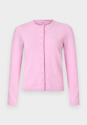 Pink cardigan made of soft fabric, features a round neckline, long sleeves, and a button-down front with six buttons.