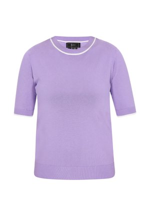 Fialkastofialový krátky rukáv pletený sveter s okrúhlym výstrihom s bielou lemovkou a rebrovaným spodným okrajom. Jemná textúra s klasickým strihom.