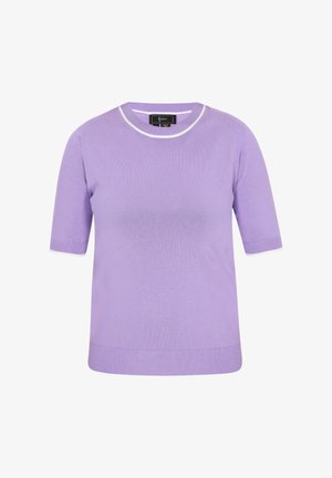 Lilla lühikeste varrukatega kootud kampsun, millel on valge äärisega ümar kaelus ja sooniline alumine serv. Sile tekstuur ja klassikaline lõige.