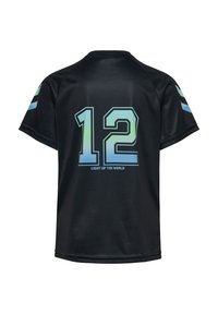 Maillot noir à manches courtes, avec le numéro "12" au dos en dégradé bleu et vert, et le texte "ÉCLAIRE LE MONDE" en dessous. Texture lisse.