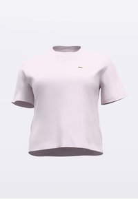 T-shirt rosa chiaro a maniche corte, scollo rotondo, realizzata in tessuto morbido, con un piccolo logo ricamato sul petto. Tessuto liscio.