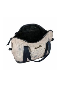 Leinene Handtasche in hellbeige mit marineblauen Trägern. Verfügt über Linienzeichnungen an der Außenseite und ein gemustertes dunkles Innenfutter. Goldene Logo-Akzent.