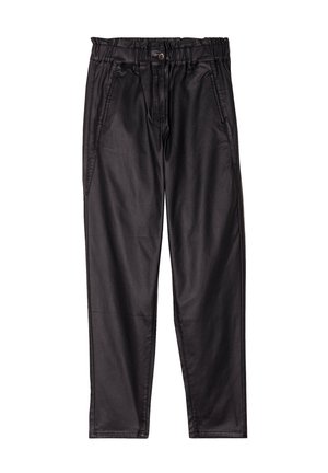 Pantaloni neri elasticizzati con vita elastica, dotati di tasche laterali e una finitura liscia e opaca. Design a gamba dritta.