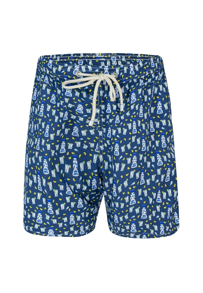 Costume da bagno blu con un motivo giocoso di personaggi dei cartoni animati e dettagli in giallo limone. Presenta una vita elasticizzata e un cordoncino.