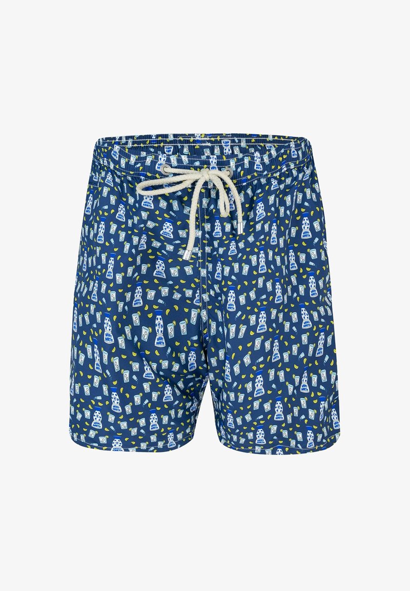 Costume da bagno blu con un motivo giocoso di personaggi dei cartoni animati e dettagli in giallo limone. Presenta una vita elasticizzata e un cordoncino.