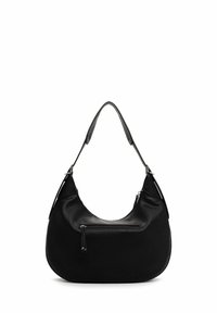 Borsa a spalla in pelle nera dalla forma semicircolare, superficie testurizzata, tracolla regolabile e tasca con zip sul davanti.