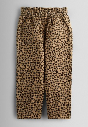 Løveprintbukser lavet af blødt stof, med elastisk talje, to rundede lommer og lige ben. Farveskema: tan og sort.