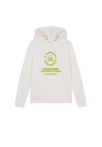 Crèmekleurige hoodie van zacht materiaal. Heeft een vo zak, een capuchon met trekkoord en groene accenten, en een grafische print op de borst.