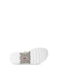 White sneaker outsole featuring a textured surface, a curved design, and a gray accent with the "rollingsoft" logo centrally located.