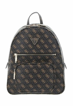 Kleine zwarte en bruine Guess rugzak met monogrampatroon, voorvak met rits, bovenste ritssluiting en een enkele bovenste handgreep.