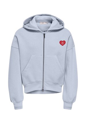 Sweat à capuche zippé bleu clair avec poches avant et un patch cœur rouge sur la poitrine gauche portant l'inscription "The VIP Club."