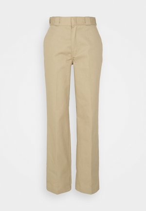Beige, tailored trousers with a straight leg design, belt loops at the waist, and a smooth cotton-like texture. Simple and functional.