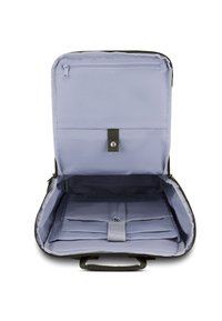 Zöld anyagú táska cipzáros záródással. A belső része világoskék béléssel van ellátva, zipzáras zsebbel és párnázott részel laptop vagy dokumentumok számára.