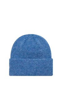 Bonnet en tricot bleu avec un revers, présentant un motif texturé et un sommet arrondi. Fabriqué en matériau mélangé de laine douce.