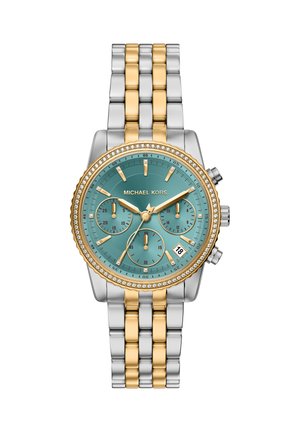 Michael Kors watch featuring a turquoise dial, gold-tone accents, silver and gold metal bracelet, and crystal bezel. Chronograph with date display.