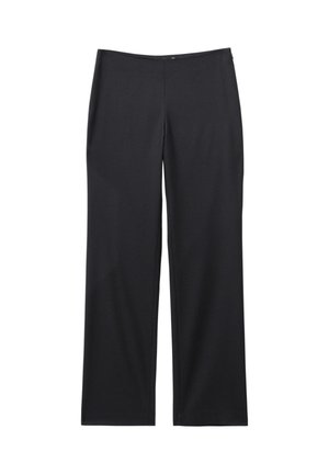 Pantalon noir à jambe droite avec taille mi-haute, sans poches visibles ni ornements, présenté à plat sur un fond blanc.