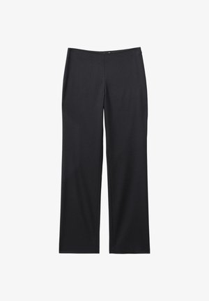 Pantalon noir à jambe droite avec taille mi-haute, sans poches visibles ni ornements, présenté à plat sur un fond blanc.