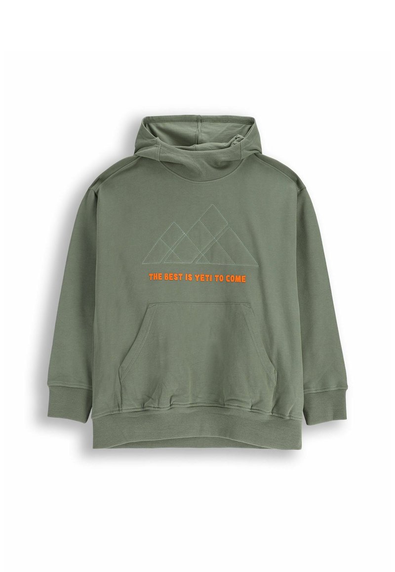 Zielona bluza z kapturem z kieszenią z przodu. Posiada grafikę gór i pomarańczowy napis "NAJLEPSZE JESZCZE PRZYJDZIE." Miękka faktura materiału.