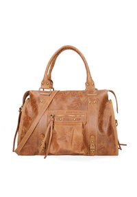 Borsa a tracolla in pelle marrone con due manici e una tracolla removibile. Presenta una tasca con zip e dettagli in metallo per un tocco in più. Texture in finta pelle.