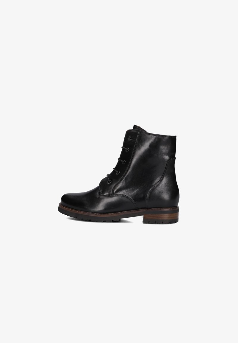 Schwarze Leder-Stiefeletten mit glatter Oberfläche, Schnürdesign und einem kleinen braunen Holzabsatz. Sie haben eine abgerundete Zehenpartie und eine strapazierfähige Laufsohle.