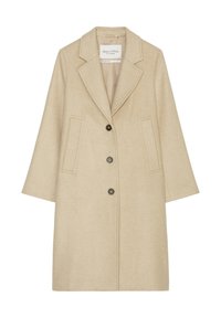 Beige Wollmantel mit Schlagkragen, zwei Fronttaschen und drei Knöpfen auf der Vorderseite. Weiche Textur und maßgeschneiderte Silhouette.