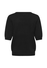 Fekete pulóver, rövid puffos ujjak, csónaknyak és bordázott alj jellemzi. A textúra simanak és kötöttnek tűnik. Egyszerű, klasszikus stílus.