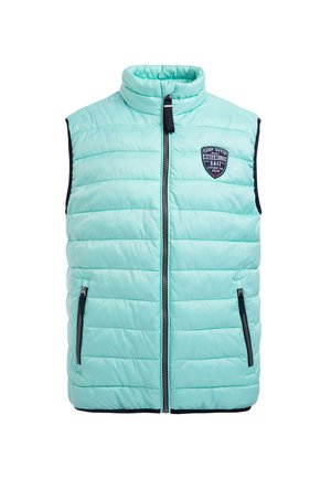 Gilet senza maniche trapuntato azzurro chiaro con colletto alto, zip frontale, due tasche con zip e un piccolo logo sul petto.
