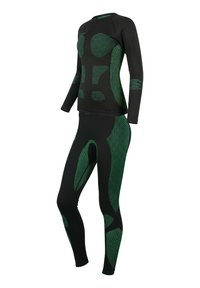 Schwarzes Sportoutfit bestehend aus langärmligem Oberteil und Leggings mit grünen Musterakzenten. Strukturierte Details und tailliertes Design verbessern die Leistung.