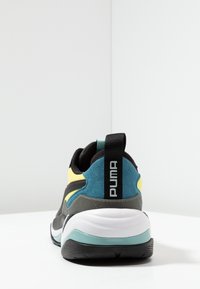 Baskets PUMA avec un dessus noir et gris, des accents turquoise et jaune, un col rembourré et une semelle blanche avec un détail teal.