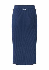 Pleteni olovni suknja u tamnoplavoj boji, s vertikalnim rebrima i širokim pojasom. Oznaka "PINKO" prikazana na struku.