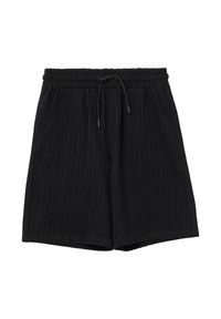 Zwarte shorts van textuurstof, met een elastische tailleband met een trekkoord en twee zijzakken. Verticaal streeppatroon.