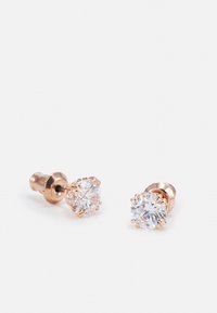 Rose gold stud earrings with round clear crystals, featuring intricate prong settings and a polished metal post for secure fastening.