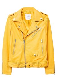 Žlutá kožená motorkářská bunda s přiléhavým střihem, zipovými kapsami, klopovým límcem, detailem pásku a stříbrnými kovovými akcenty.