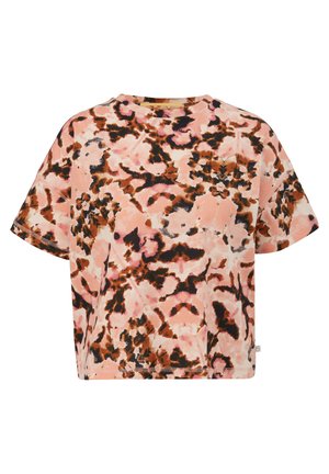Kurze, beschnittene Bluse aus weichem Material mit einem abstrakten Muster in Rosa, Braun und Schwarz; runder Ausschnitt; lockere Passform; keine sichtbaren Verschlüsse.