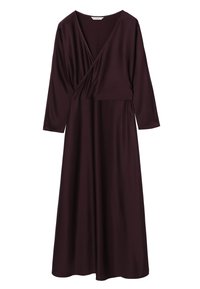 Burgundy színű, sima, könnyű anyagú ruha, átkötős elülső résszel, V-kivágással és háromnegyedes ujjal, térd alatti hosszúsággal.