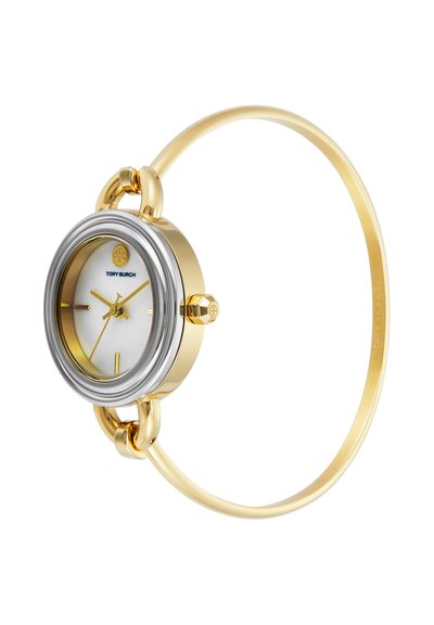 Montre-bracelet ronde en or et argent avec un cadran blanc, des aiguilles dorées, des index horaires minimalistes et un bracelet fin et circulaire.