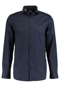 Námořnická modrá košile s dlouhým rukávem, s jemným geometrickým vzorem, button-down límcem a černými knoflíky, vyrobená z hladké tkaniny.