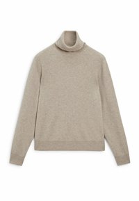 Beiger Rollkragenpullover mit einer weichen Textur, langen Ärmeln und gerippten Details an Bündchen und Saum. Schlichtes Design mit minimalen Akzenten.