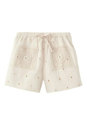 Shorts en coton beige avec ceinture élastique, cordon de serrage, broderie à œillets et deux grandes poches avant carrées en dentelle au crochet.