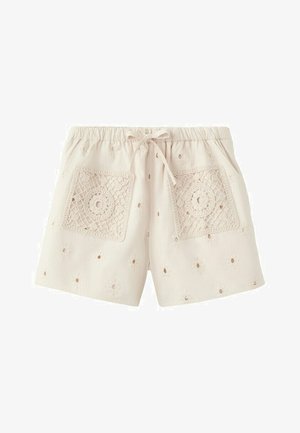 Shorts en coton beige avec ceinture élastique, cordon de serrage, broderie à œillets et deux grandes poches avant carrées en dentelle au crochet.